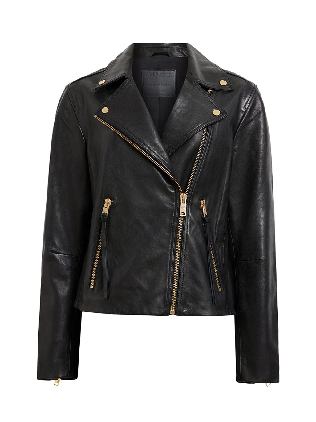 Allsaints Dalby Slim Fit Leather Biker Jacket Black W/ Gold Hardware Size Us 6